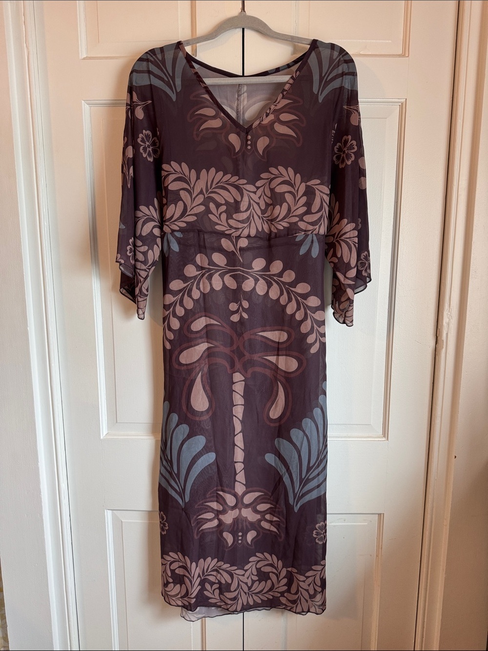 Women’s Semi Sheer Floral V-Neck Beach Coverup Dress - Taupe & Dusty Blue Belt - Picture 3 of 13